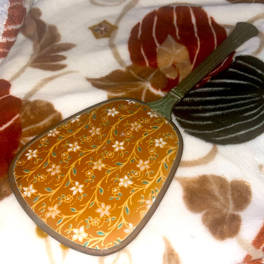 Antique hand mirror floral silver orange boho